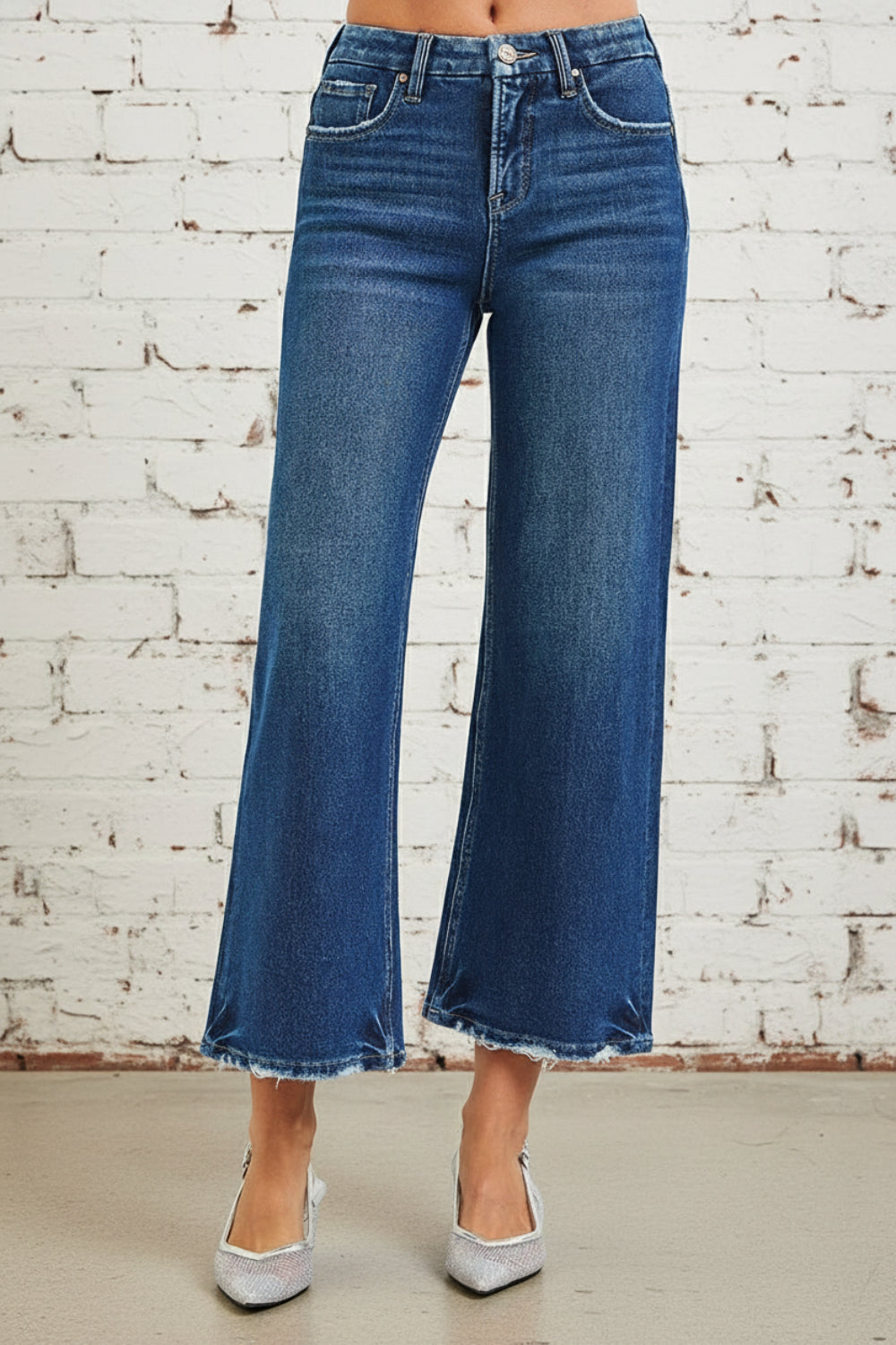 Risen Jeans, high-rise, tummy control, 4-way stretch, cropped, raw hem, wide leg, belt loops, pocketed, button/zipper closure, dark wash, slightly stretchy, front view