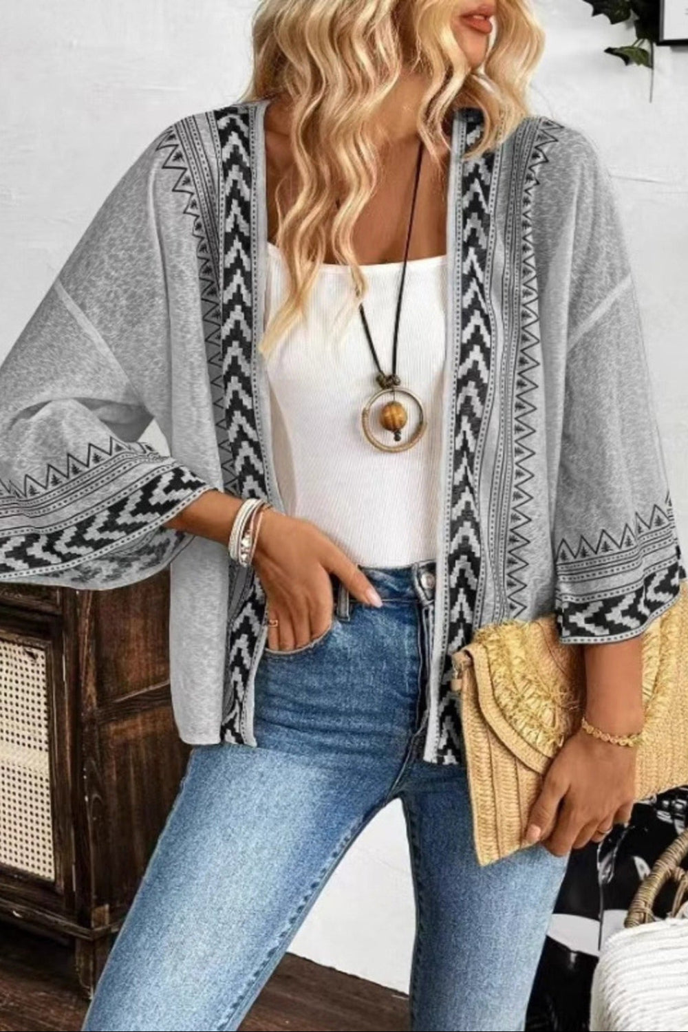 Cardigan, open front, wide sleeve, drop shoulder, sheer, geometric print, sits below the waist, no stretch front view