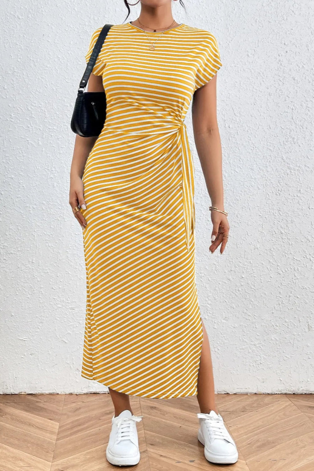 T-shirt dress, maxi, tied, cap sleeve, opaque, stretchy, unlined, side slit, round neck, striped pattern, front view
