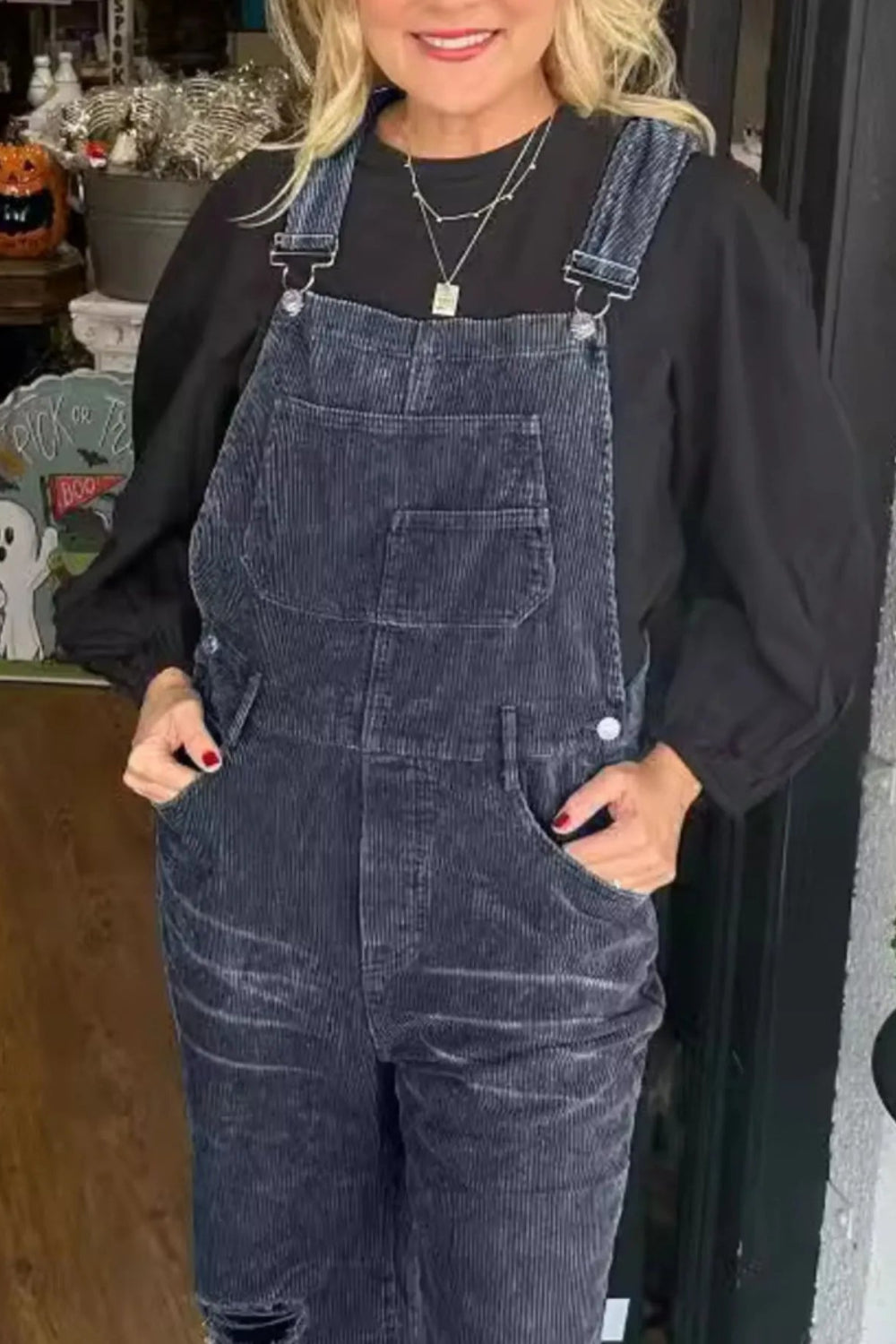 Overalls, corduroy, distressed, straight leg, pocketed, frayed hem, button clasp, no stretch, comes in several colors front view