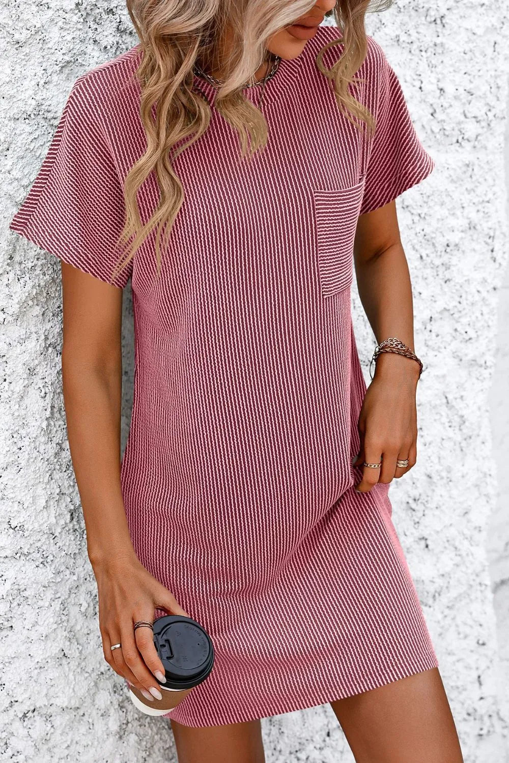 T-shirt dress, mini, round neck, short sleeve, ribbed, front pocket, opaque, unlined, moderate stretch front view
