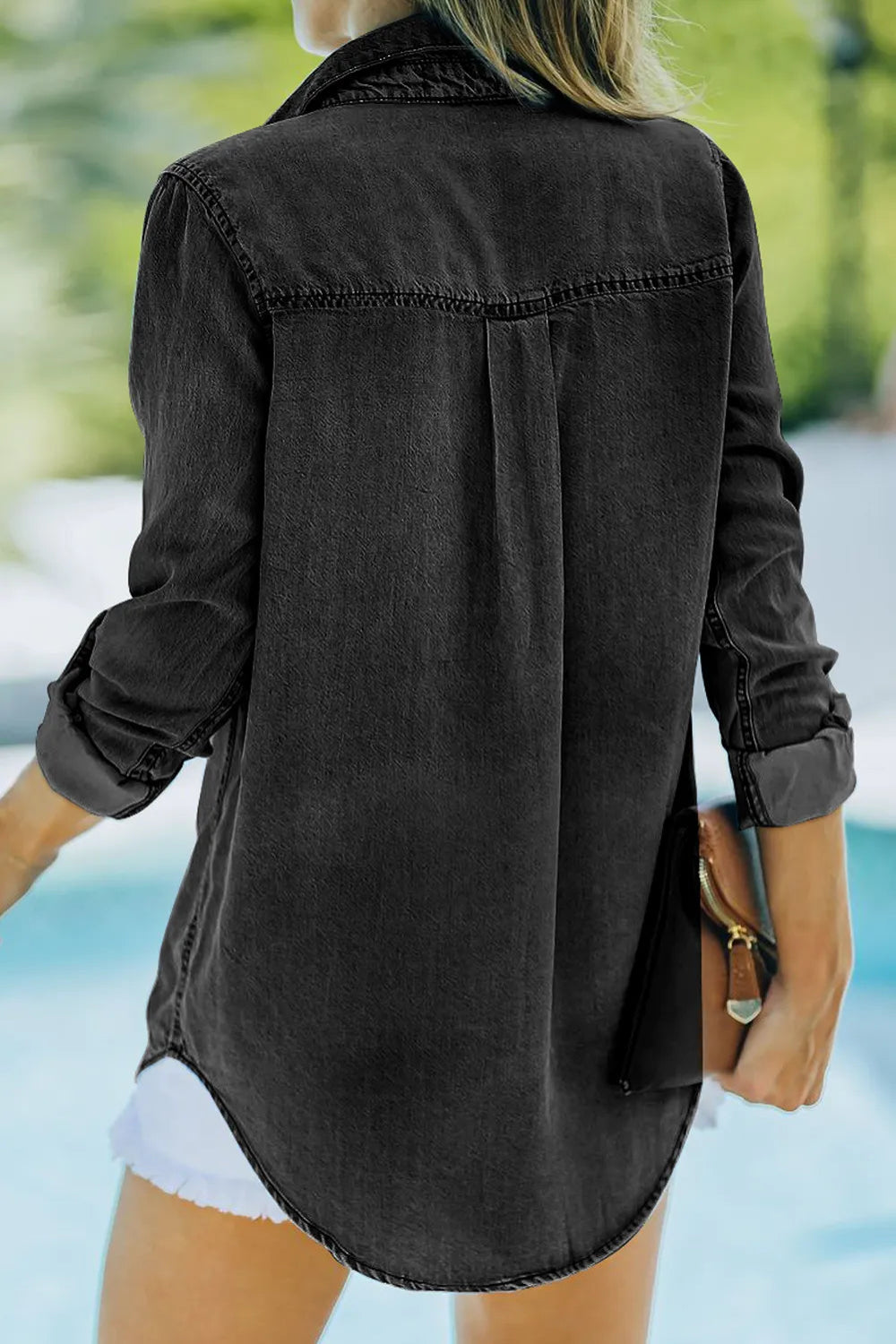 Denim shirt, long sleeve, collared, double front pockets, buttoned, cuffed, roll-tab sleeves no stretch back view