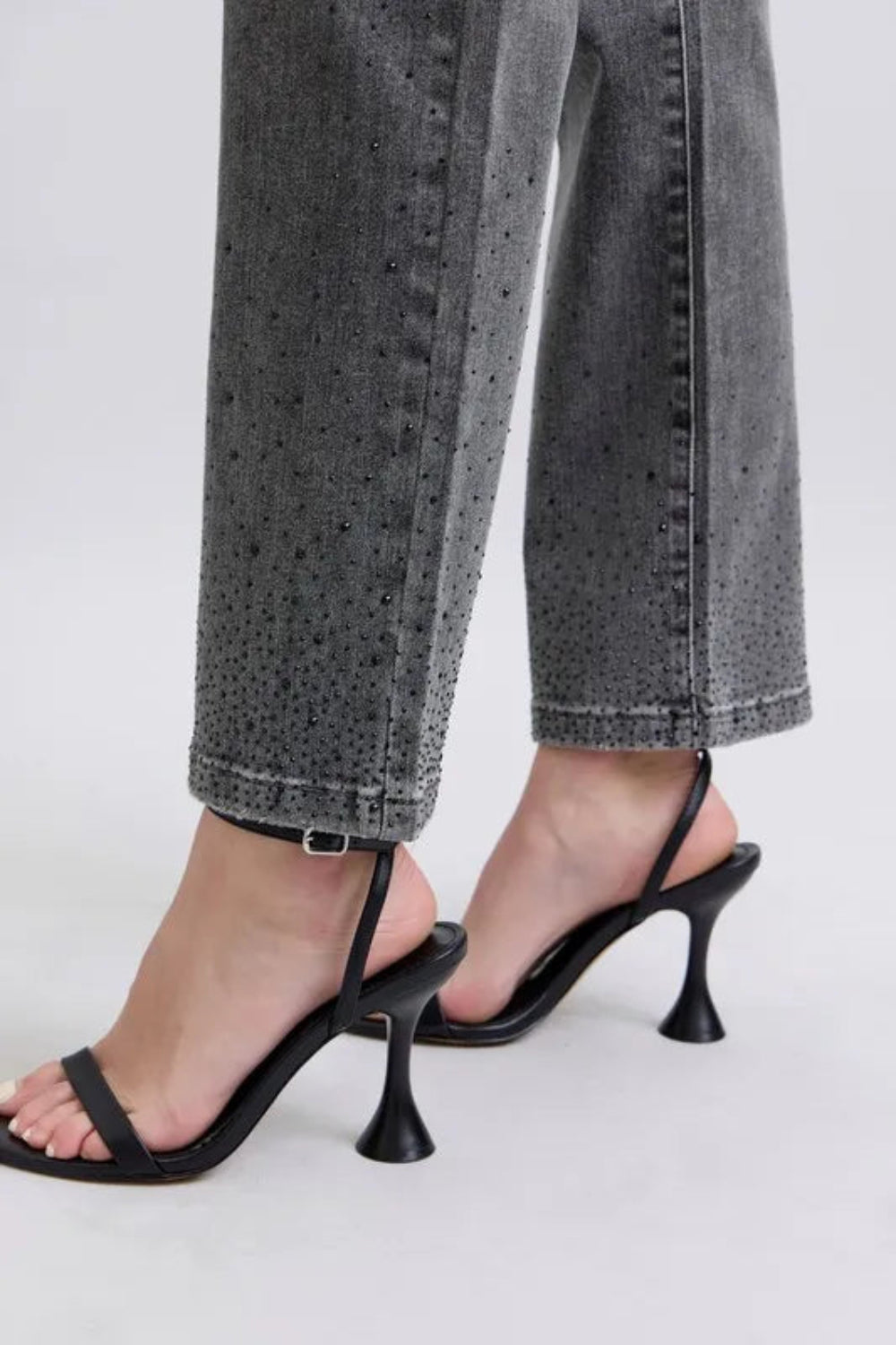 Judy Blue Jeans, full-size, high-rise, rhinestone embellishments, button and zipper closure, pocketed, slightly stretchy, close up view