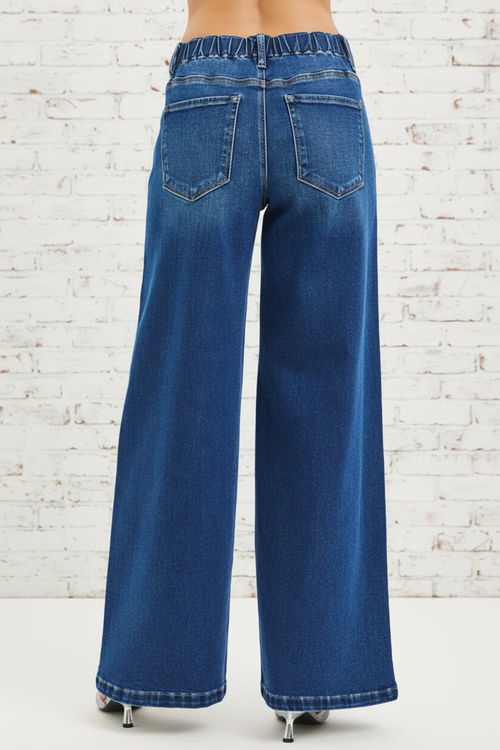 Risen Jeans, full-size, mid-rise, side pin tuck, wide leg, belt loops, elastic waist in back, drawstring closure, pocketed, dark wash, slightly stretchy, back view
