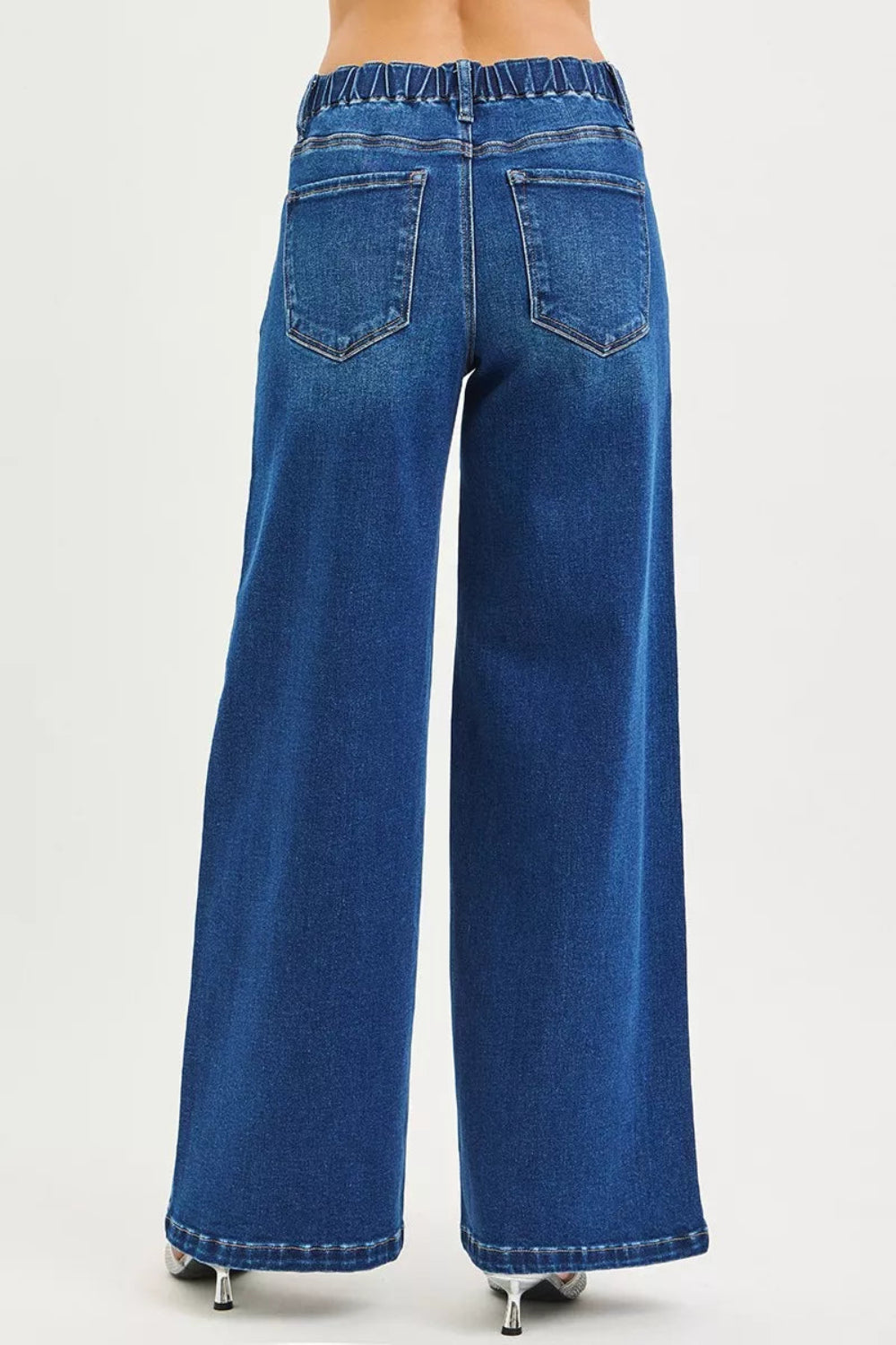 Risen Jeans, full-size, mid-rise, side pin tuck, wide leg, belt loops, elastic waist in back, drawstring closure, pocketed, dark wash, slightly stretchy, back view
