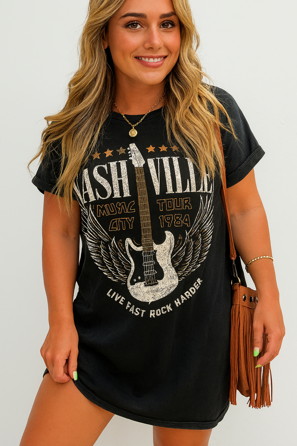 T-shirt dress, mini, graphic print, short sleeve, round neck, short sleeve, unlined, opaque, slightly stretchy front view