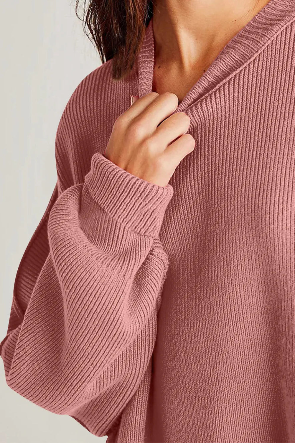 Sweater, oversized, drop shoulder, round neck, exposed seam, long, side slit, ribbed, stretchy front view
