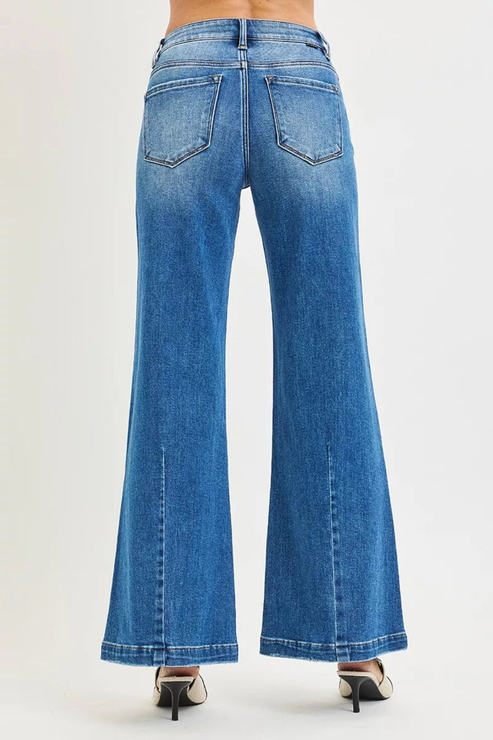 Risen Jeans, full-size, mid-rise, wide leg, flared look, medium wash, belt loops, button/zipper closure, pocketed, bottom dark, slightly stretchy, back view