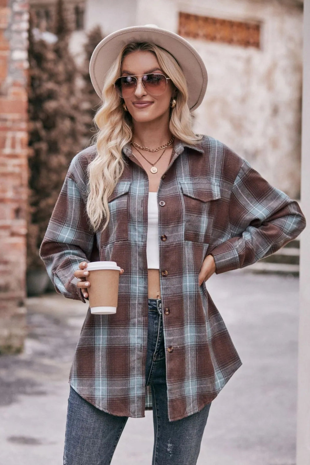 Long sleeve shirt, plaid, collared, pocketed, buttoned, oversized, drop shoulder, no stretch, many colors, front view