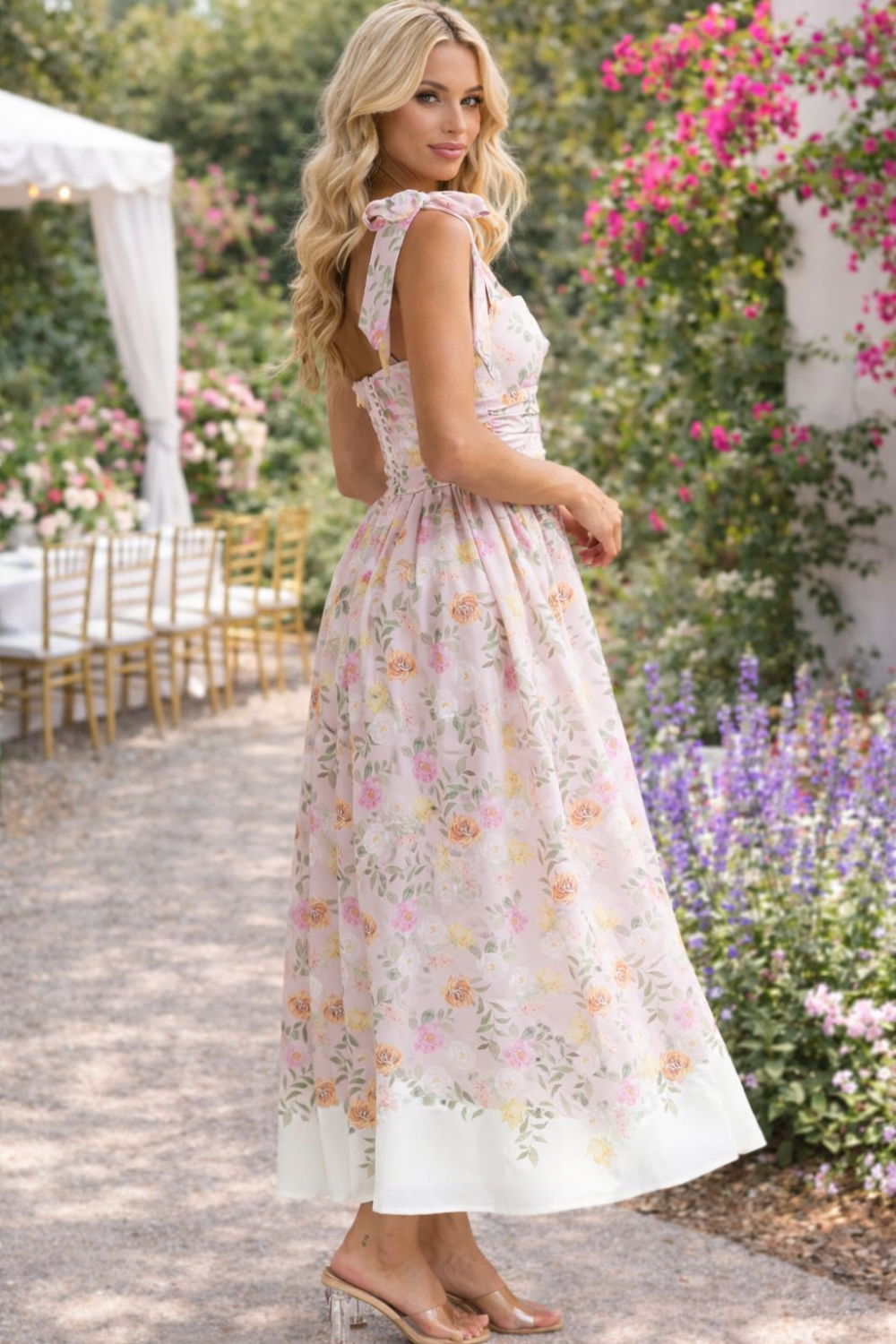 * Midi dress
* Square neck
* Tied straps
* Ruched
* Pleated
* Unlined
* Back zipper
* No stretch