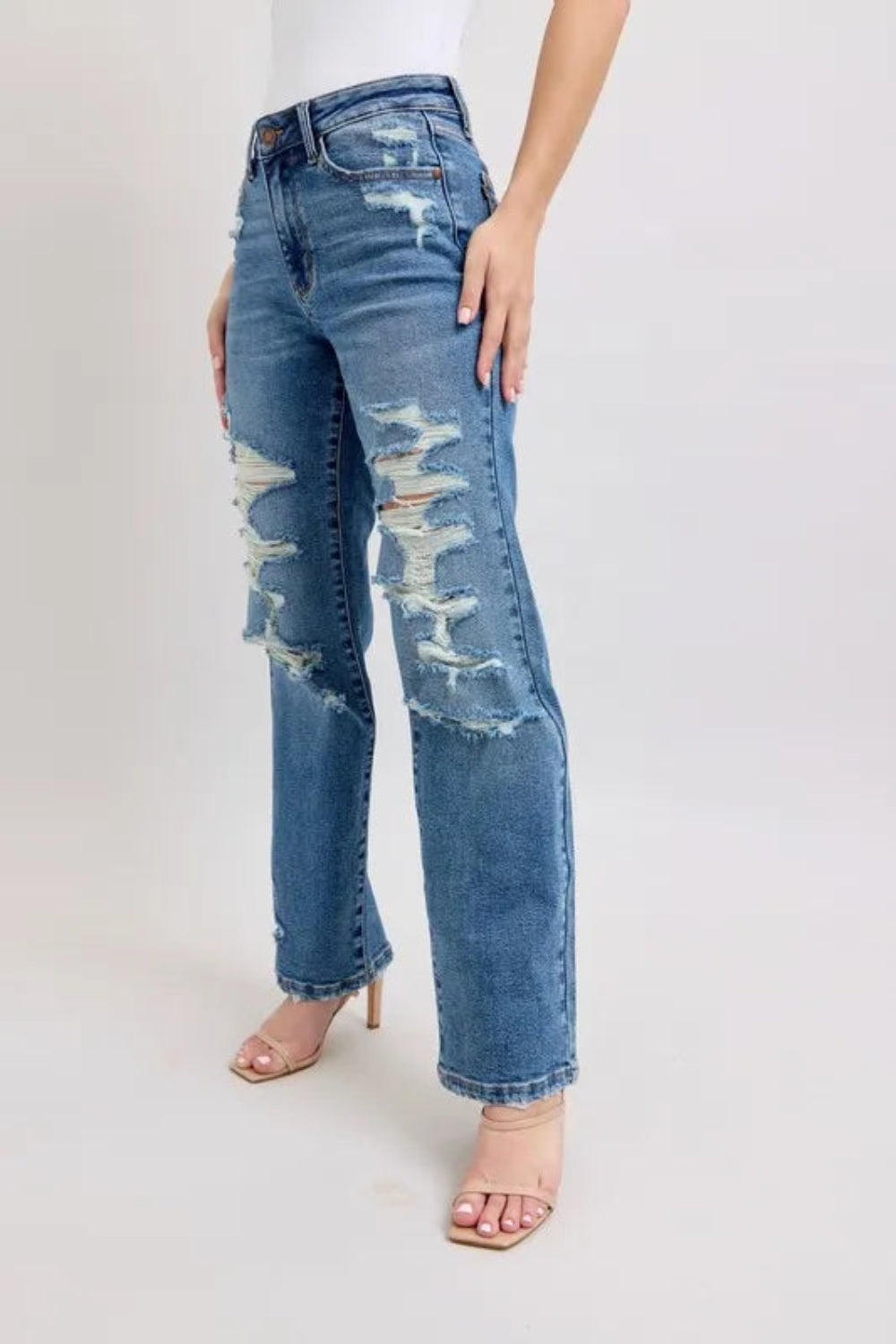 Judy Blue Jeans, full-size, high-rise, distressed, straight leg, pocketed, button and zipper closure, slightly stretchy, front view