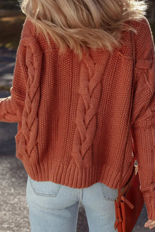Sweater, round neck, ribbed trim, cable knit, drop shoulder, long sleeve, oversized, medium length, stretchy, exposed seams,  back view