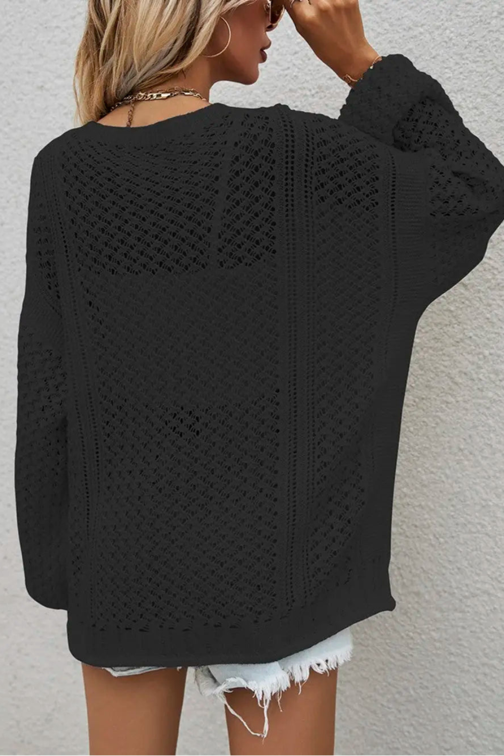 Cardigan, long sleeve, openwork, buttoned, oversized, drop shoulder, stretchy back view