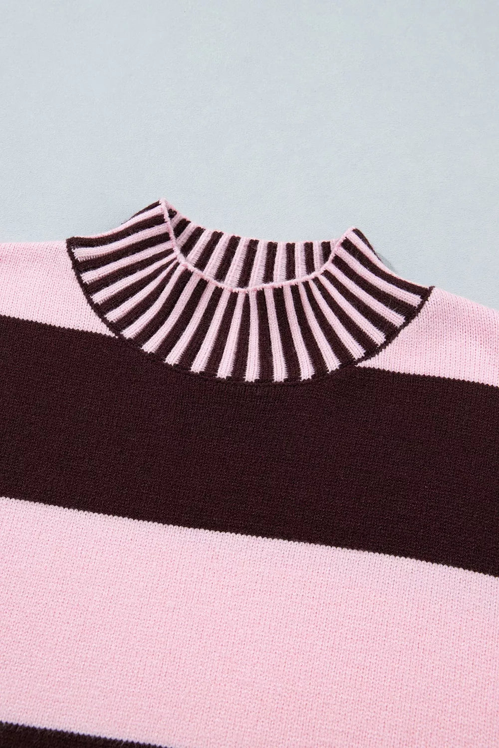 * Sweater
* Striped
* High neck 
* Long sleeve
* Drop shoulder
* Relaxed fit
* Contrast trim
* Ribbed
* Stretchy