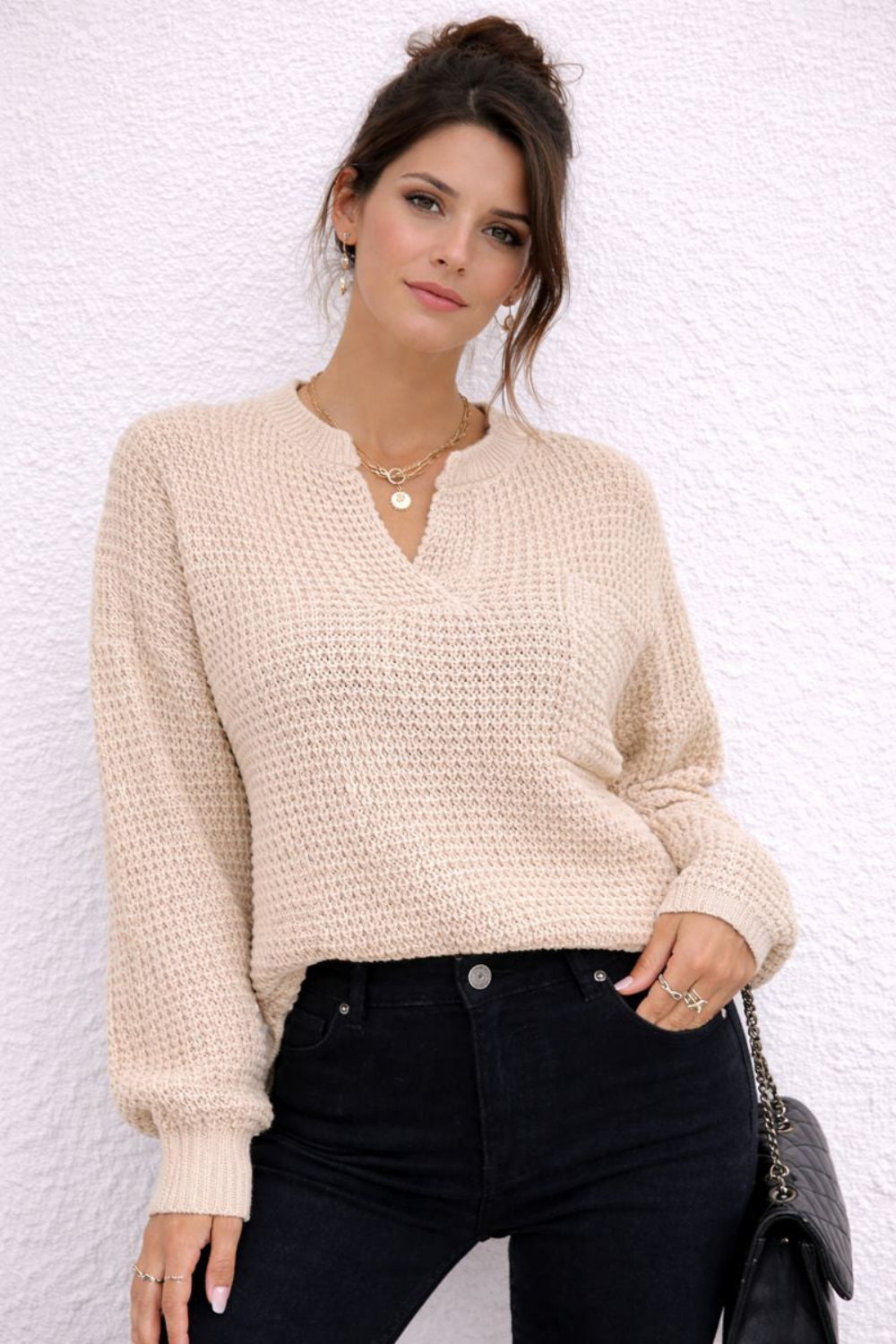 sweater, pullover, long sleeve, drop shoulder, front pocket, notched neck, ribbed, knit, slightly stretchy, front view