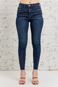 Judy Blue Jeans, full-size, high-rise, skinny, dark wash, pocketed, belt loops, button/zipper closure, embroidered, stretchy, front view