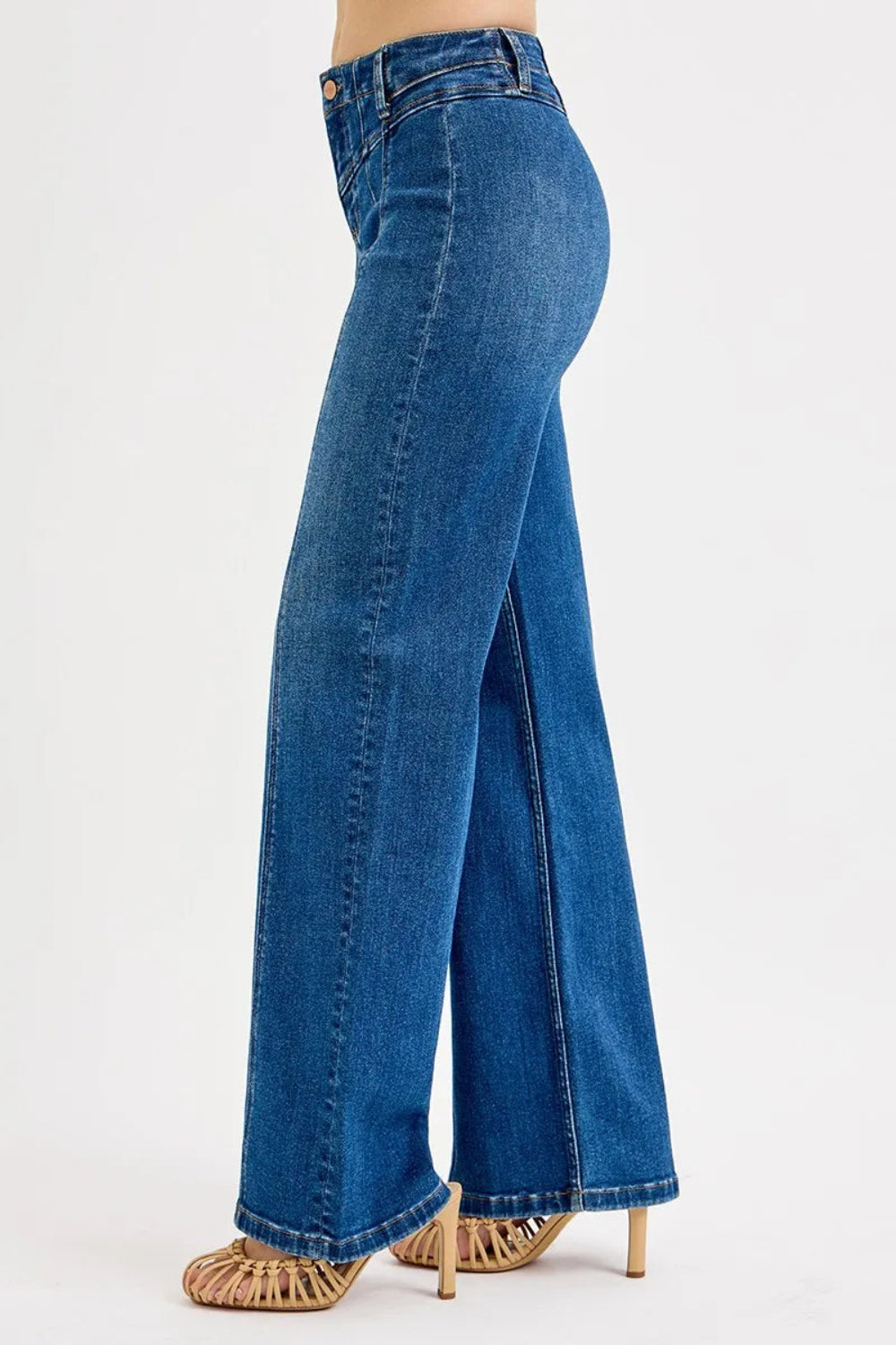 Risen Jeans, front seam detail, high-rise, medium wash, wide leg, reinforced stitching, secure button-zip closure, stretchy side view