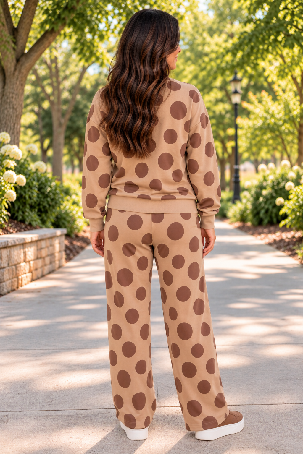 Point Taken Pant Set In Brown with an brown-and-tan polka-dot sweatshirt and matching wide-leg drawstring pants back view.