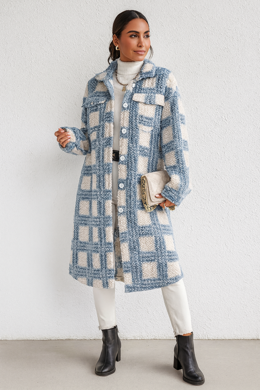 coat, fleece, unlined, buttoned, pocketed, scalloped hem, checkered, collared, some stretch, front view