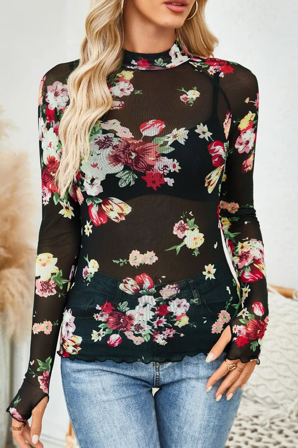 top, mesh, floral print, mock neck, long sleeve, thumb hole, stretchy, front view