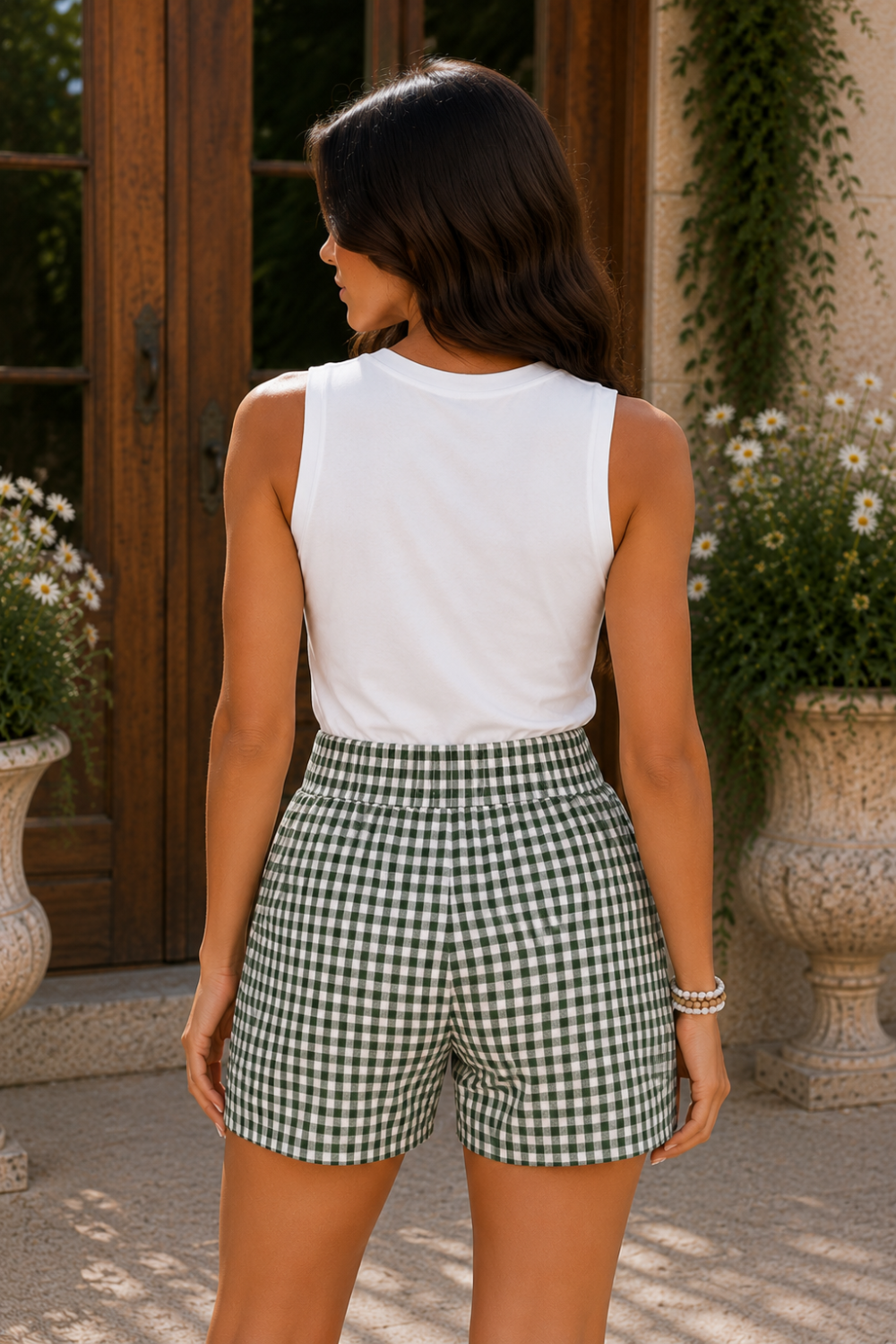 * Elastic waist
* Pocketed
* Buttoned
* Gingham print
* No stretch