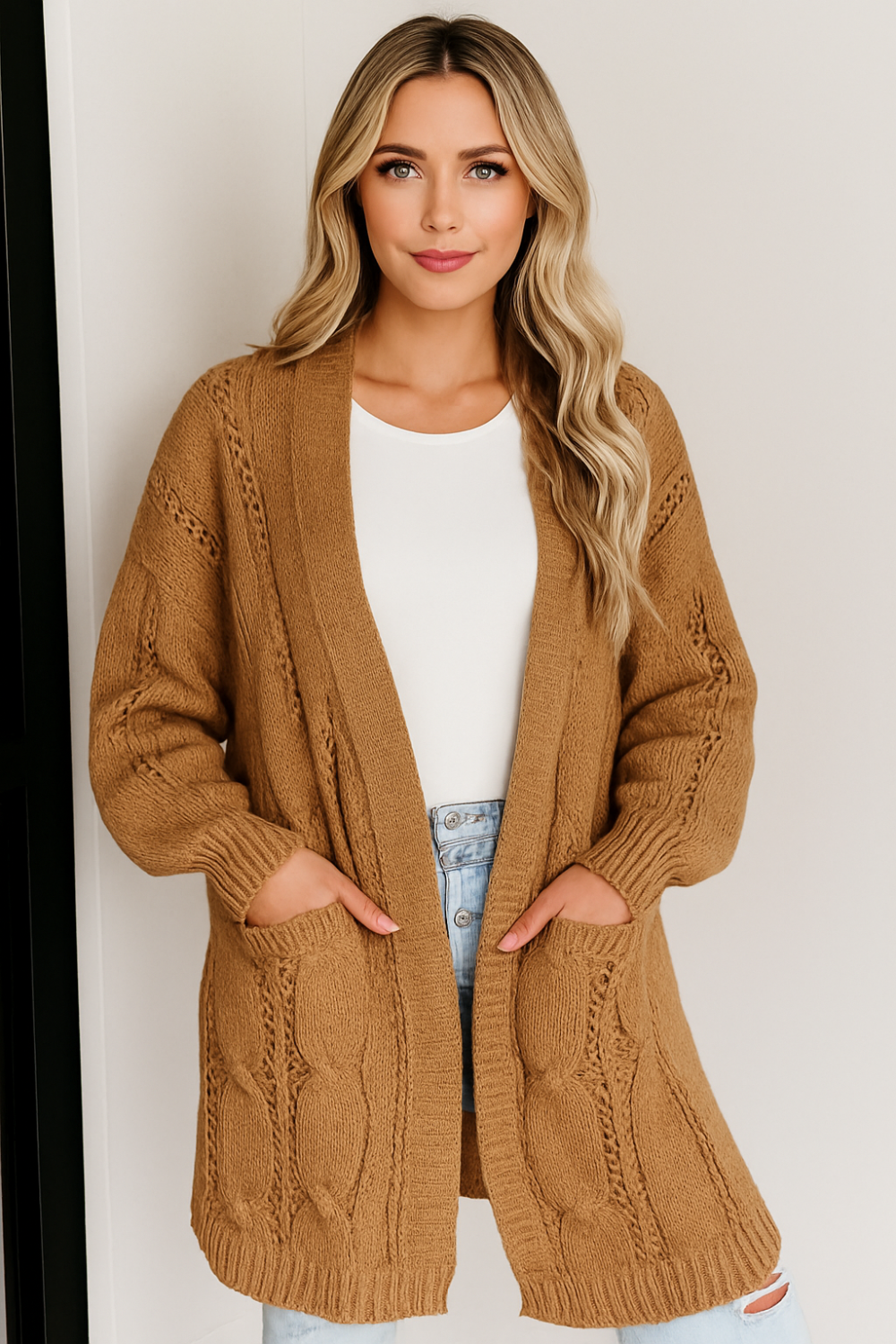 Cardigan, long sleeve, drop shoulder, open front, cable-knit, side slit, openwork, no buttons, pocketed, stretchy front view
