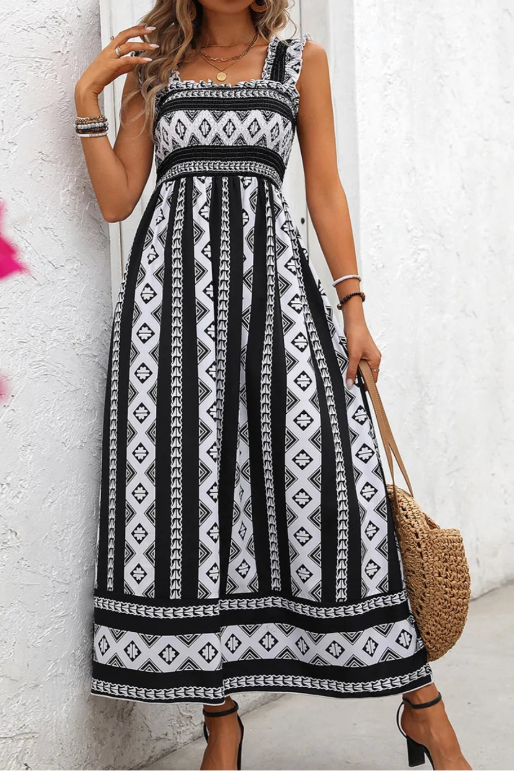 geometric pattern, wide straps, square neck, opaque, unlined, slightly stretchy, smocked, ruffled, pleated front view