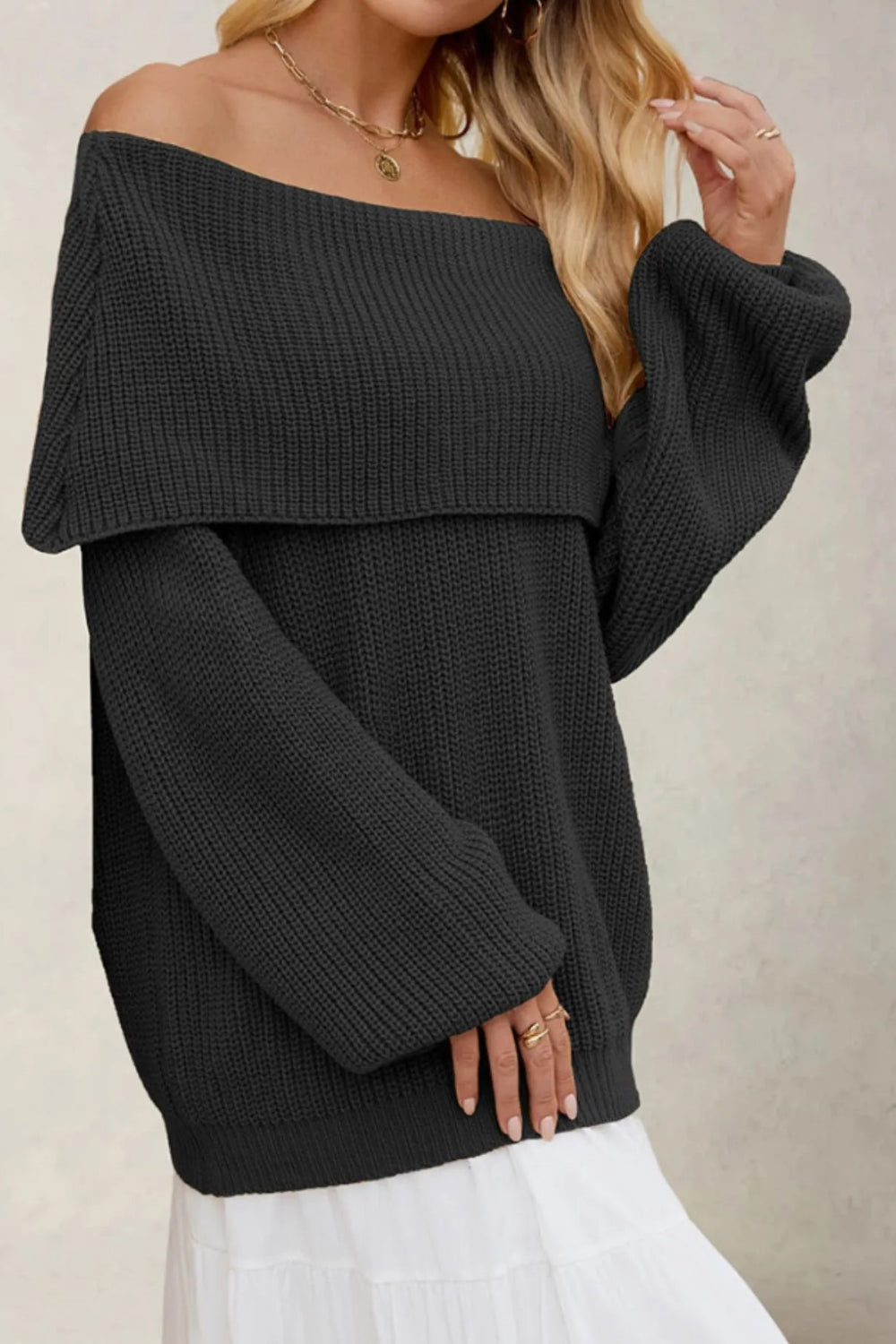 Sweater, pullover, fold over collar, long sleeve, oversized, ribbed knit, slightly stretchy, side view
