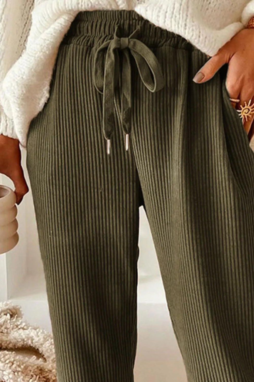 Pants, corduroy, drawstring, pocketed, elastic waist, high-rise, straight leg, no stretch, front view close up