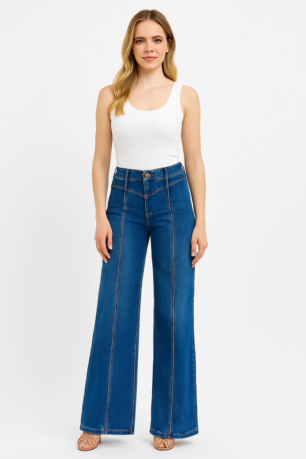 Risen jeans, high-rise, wide leg, dark wash, reinforced stitching, button-zipper closure, belt loop detail, slightly stretchy, front view