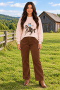 Front view of Ellis Pants with double button, zipper closure, belt loops, corduroy, pocketed, high-rise, structured waist, no stretch.