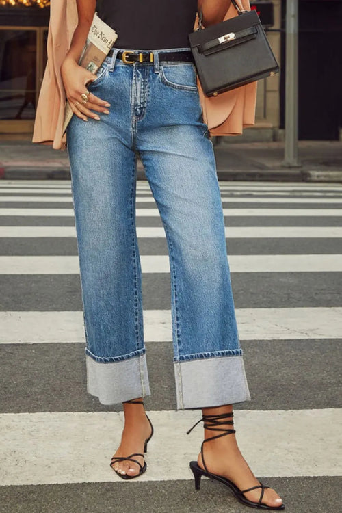 Jeans, high-waist, vintage wash, straight leg, 5 pocket detail, button/zipper closure, belt loops, slightly stretchy, front view