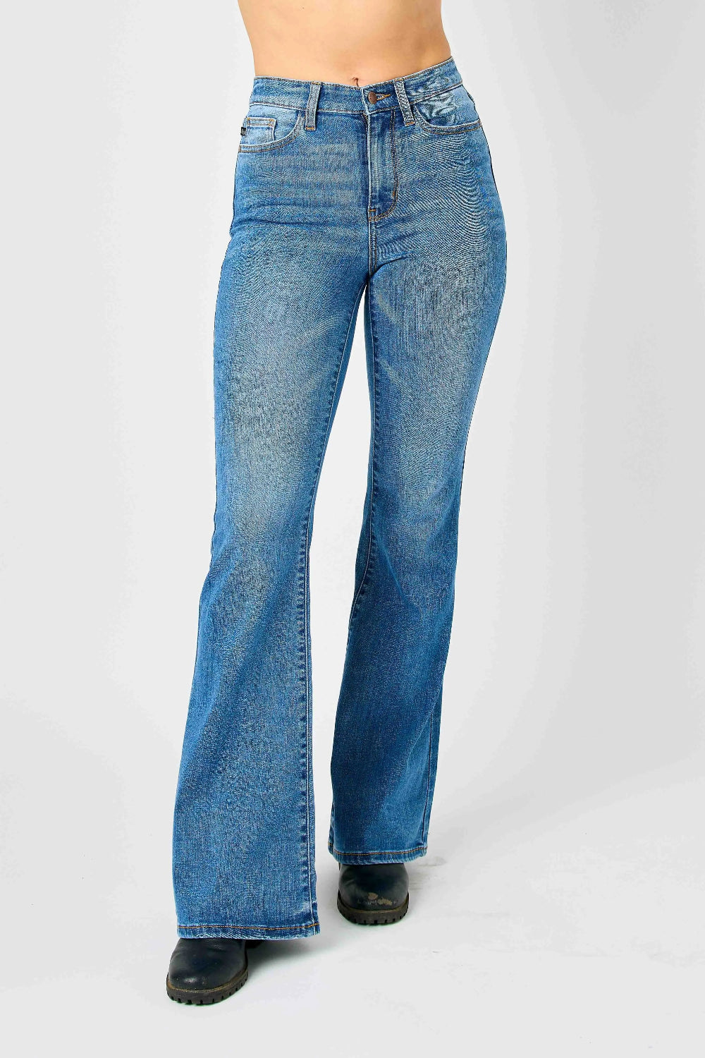 Judy Blue Jeans, full-size, high-rise, flared, pocketed, button and zipper closure, medium wash, slightly stretchy front view