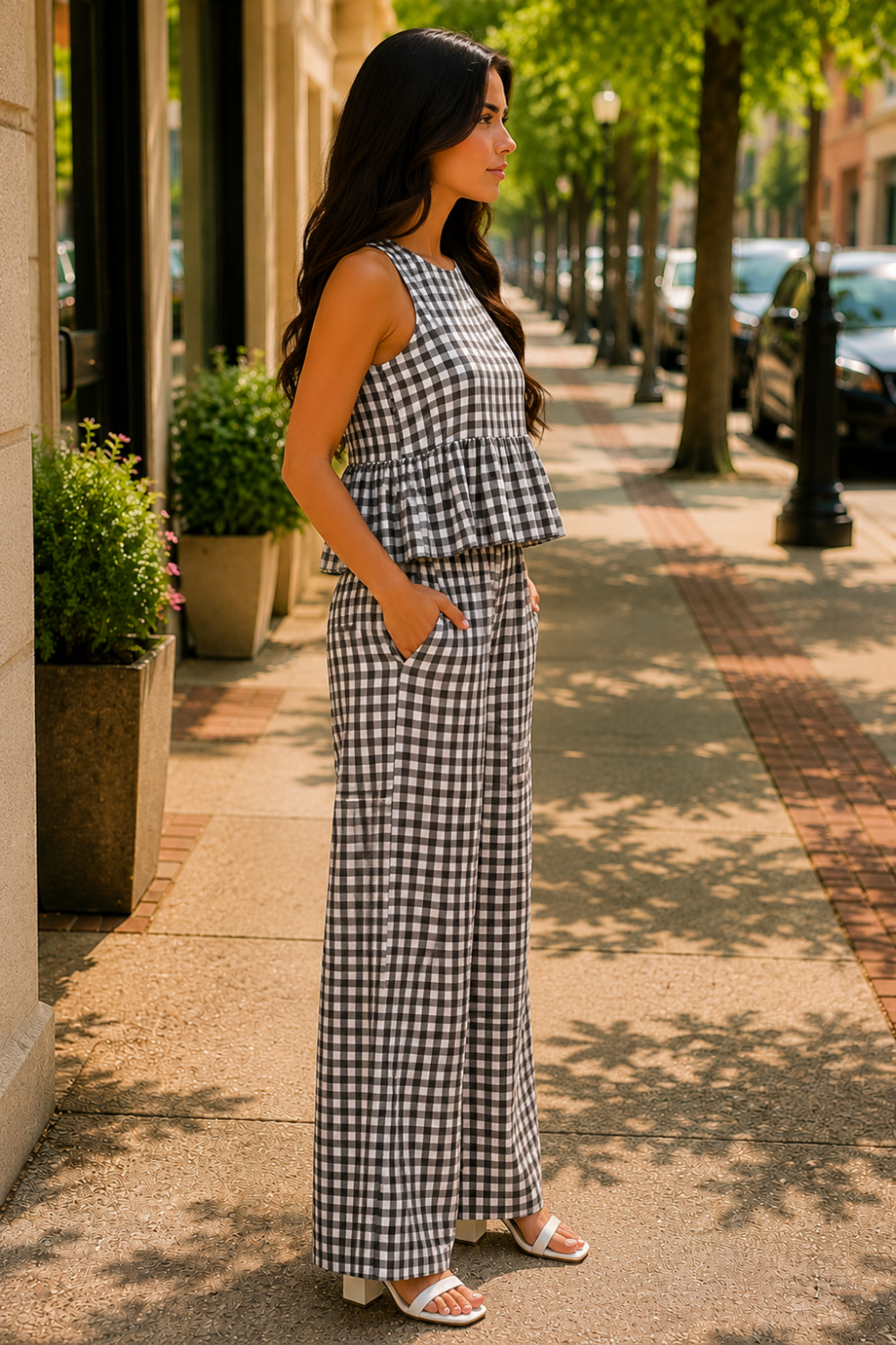 * Two-piece set
* Round neck
* Sleeveless
* Buttoned back closure
* Elastic waist
* Wide leg
* Ruffled
* No stretch