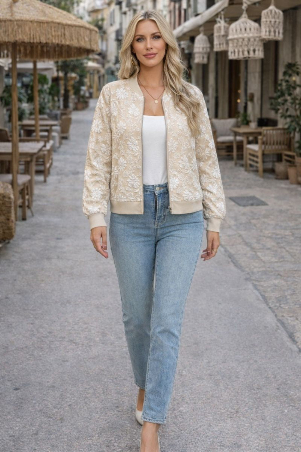 Jacket, floral print, zipper closure, ribbed, unlined, pocketed, no stretch, front view
