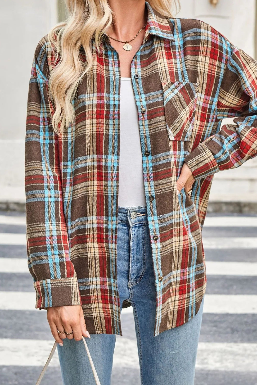 Shirt, long sleeve, collared, plaid print, buttoned, pocketed, oversized, no stretch, front view