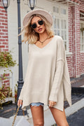Sweater, pullover, long sleeve, drop shoulder, side slit, oversized, v-neck, exposed seam, ribbed sleeves, stretchy front view