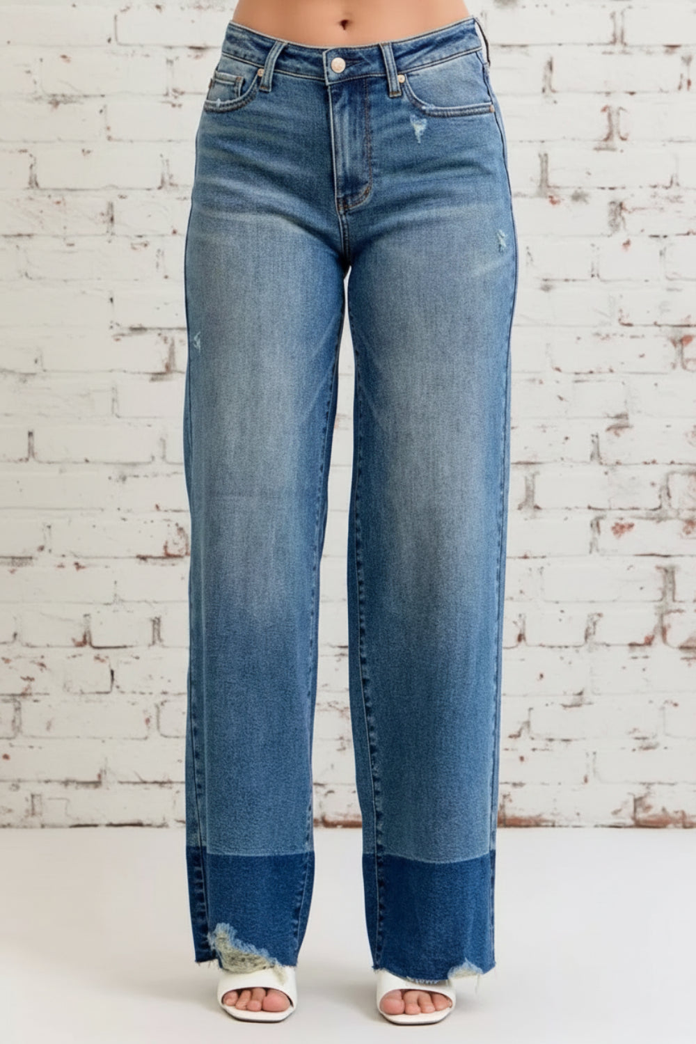 Judy Blue, high-rise, column straight , pocketed, belt loops, button/zipper closure, raw hem, distressed, stretchy, front view