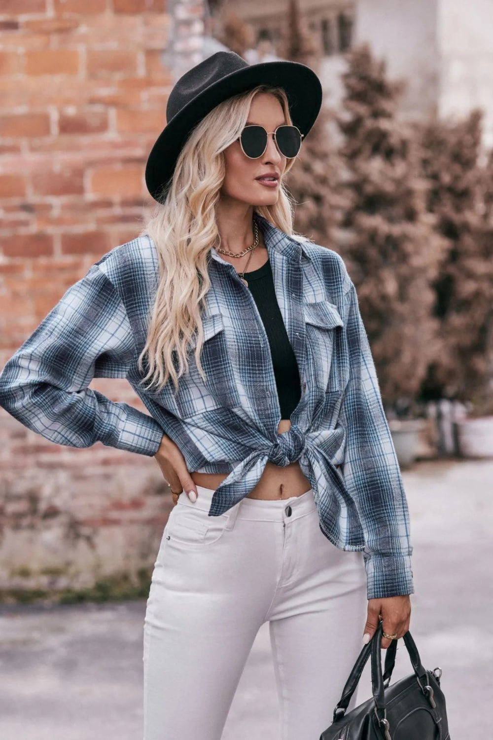 Long sleeve shirt, plaid, collared, pocketed, buttoned, oversized, drop shoulder, no stretch, many colors, front view