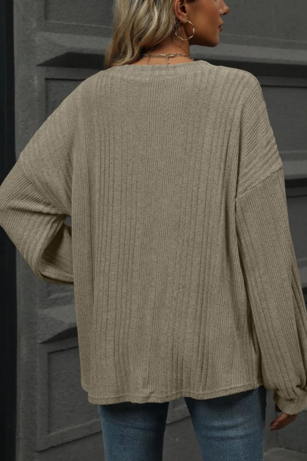 Top, v-neck, long sleeve, bishop sleeve, drop shoulder, ribbed, opaque, oversized, slightly stretchy, back view