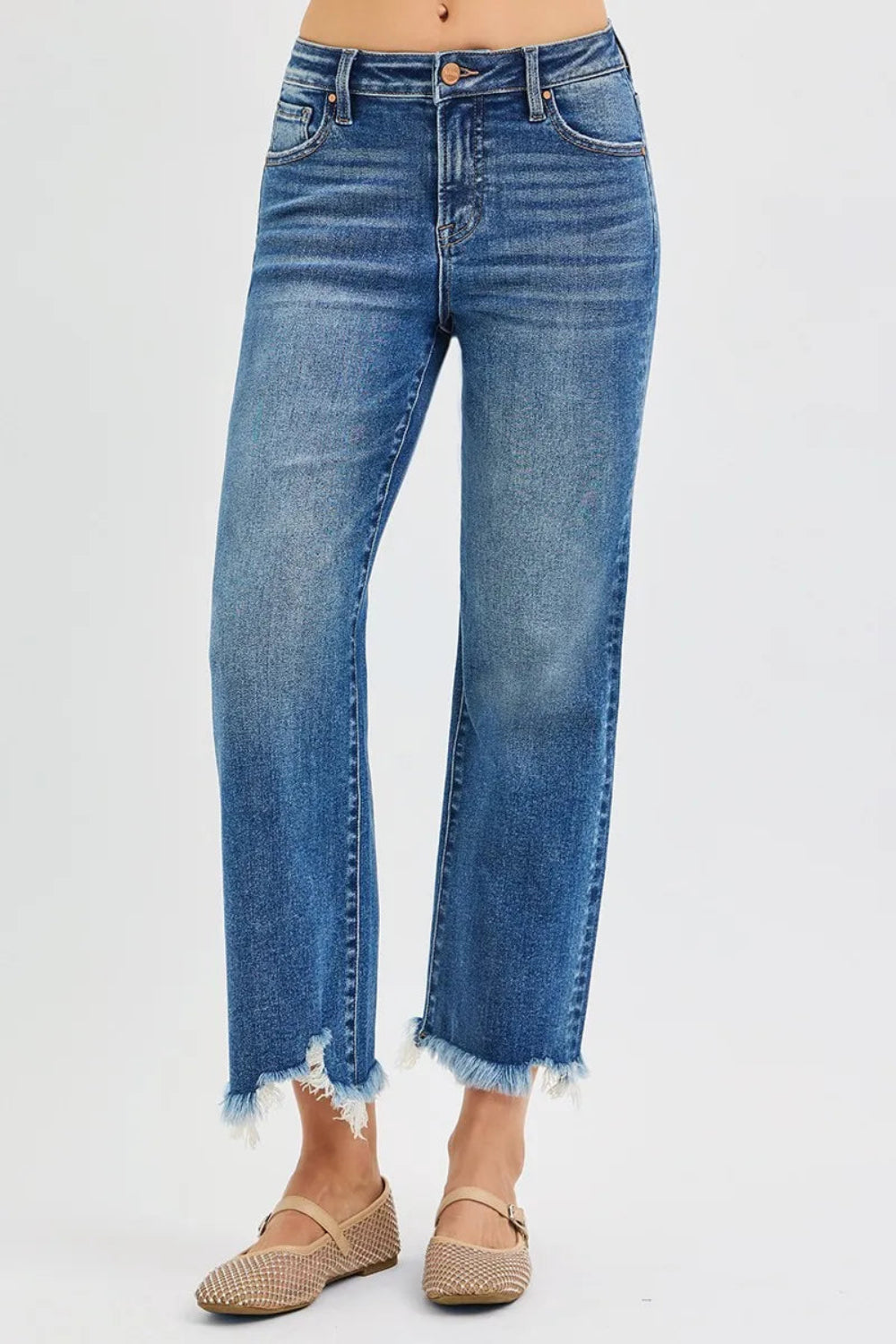 Risen Jeans, full size, mid rise, cropped, wide leg, 5-pocket styling, secure button and zipper closure, distressed hem, medium vintage wash, stretchy, front view