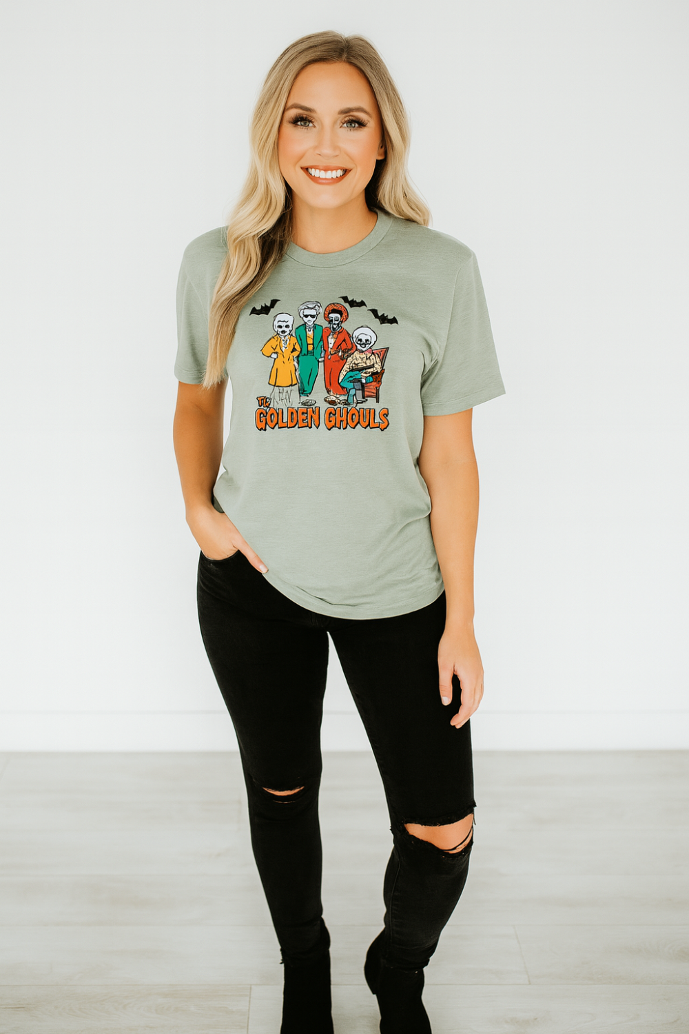 Graphic t-shirt, pullover, round neck, short sleeve, drop shoulder, long, slightly stretchy, front view