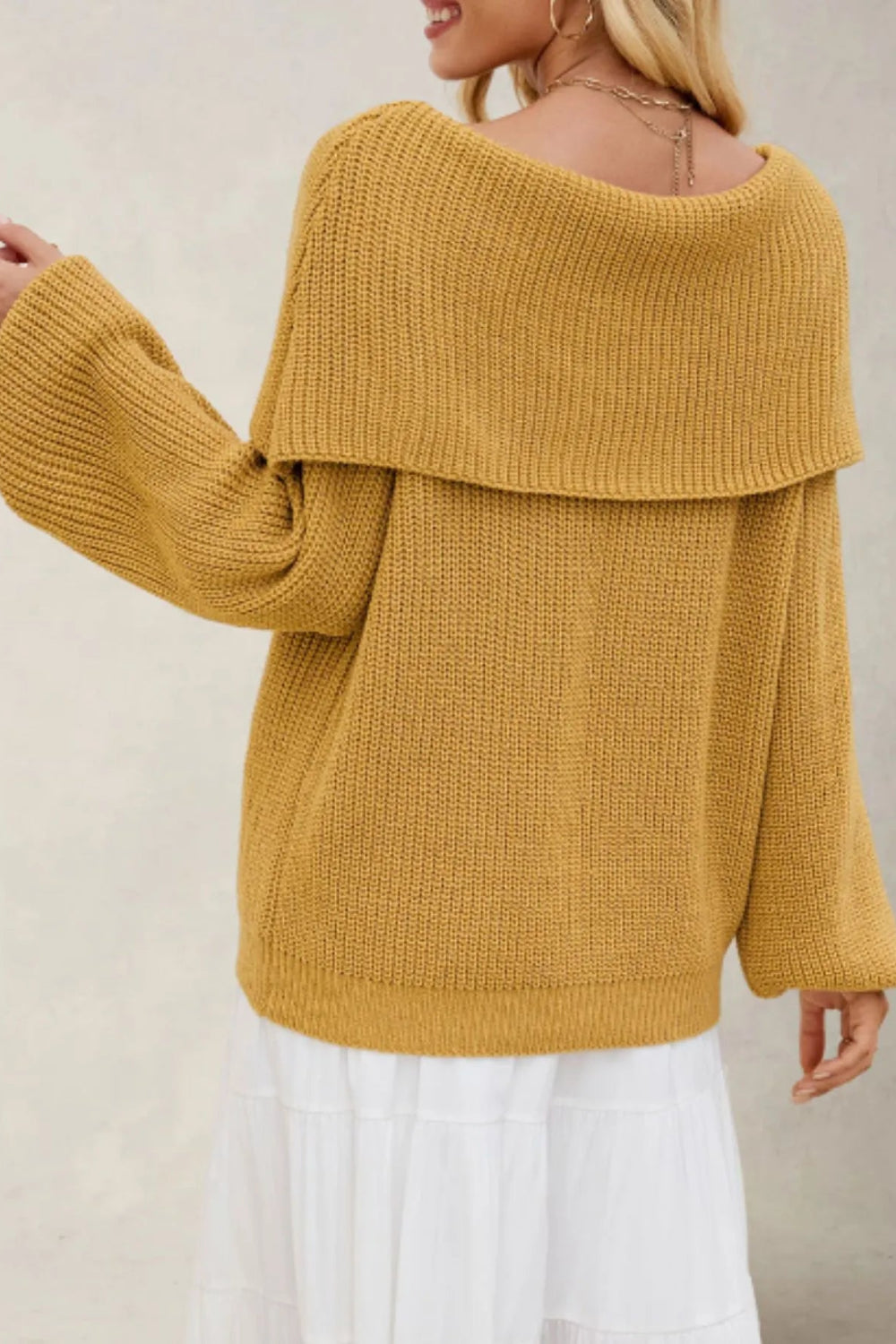 Sweater, pullover, fold over collar, long sleeve, oversized, ribbed knit, slightly stretchy, back view