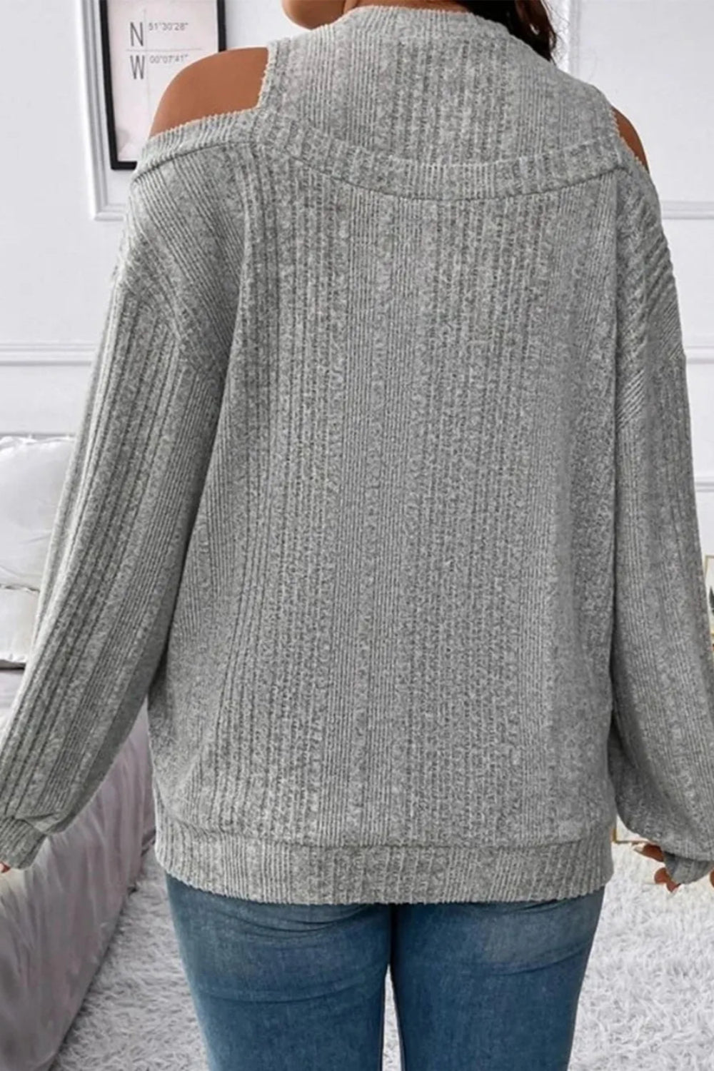 Sweater, pullover, long sleeve, round neck, cold shoulder, drop shoulder, ribbed, slightly stretchy back view