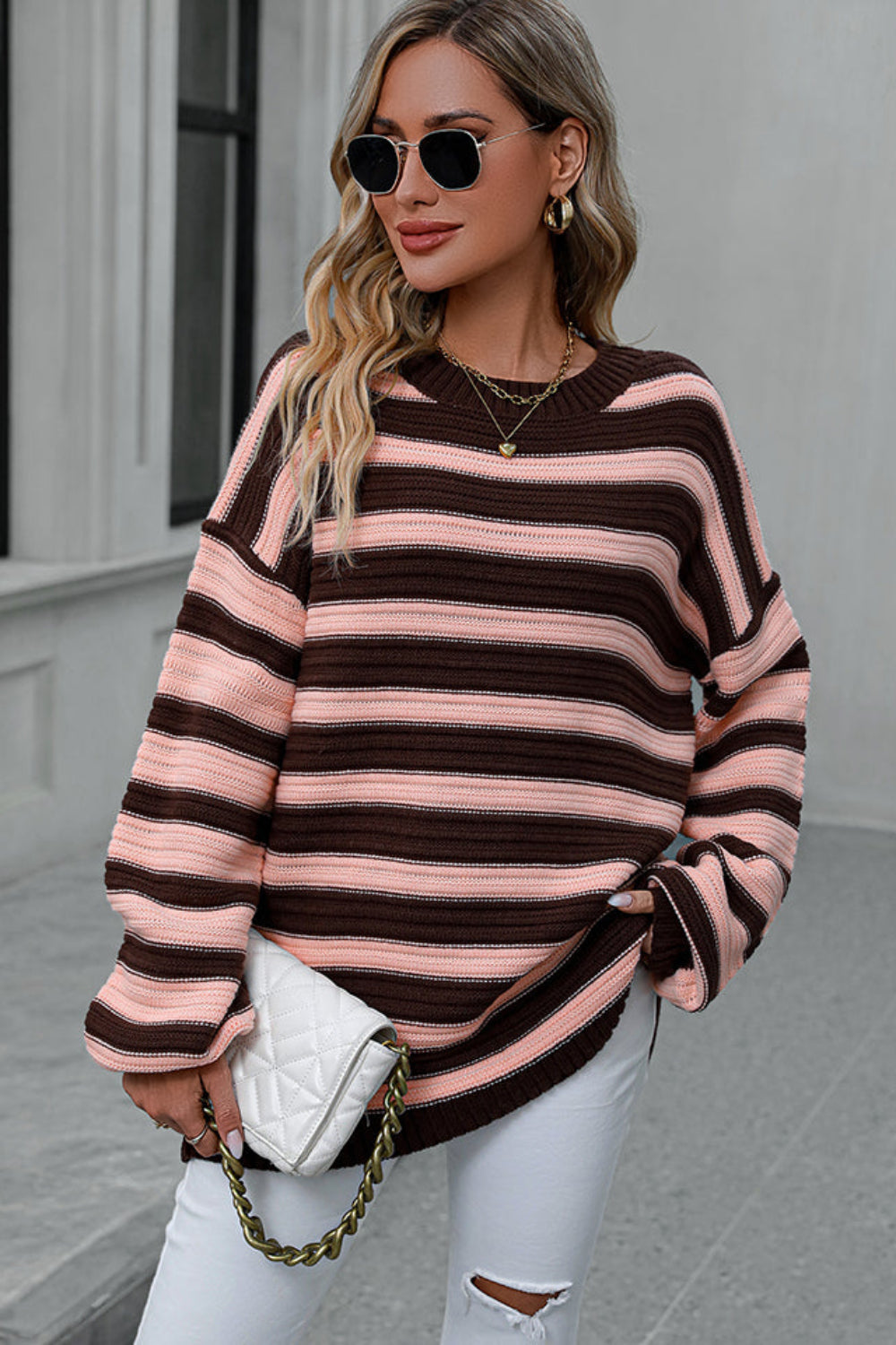 sweater, long sleeve, round neck, pullover, drop shoulder, striped, ribbed, oversized, slightly stretchy, front view