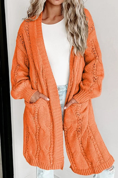 Cardigan, long sleeve, drop shoulder, open front, cable-knit, side slit, openwork, no buttons, pocketed, stretchy front view
