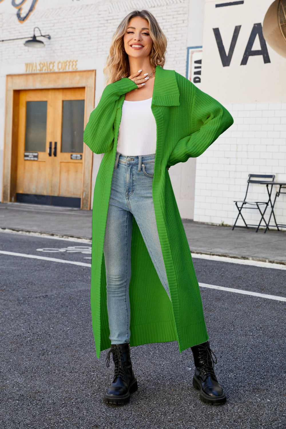 cardigan, open front, duster, collared, ribbed, long sleeve, drop shoulder, slightly stretchy, front view