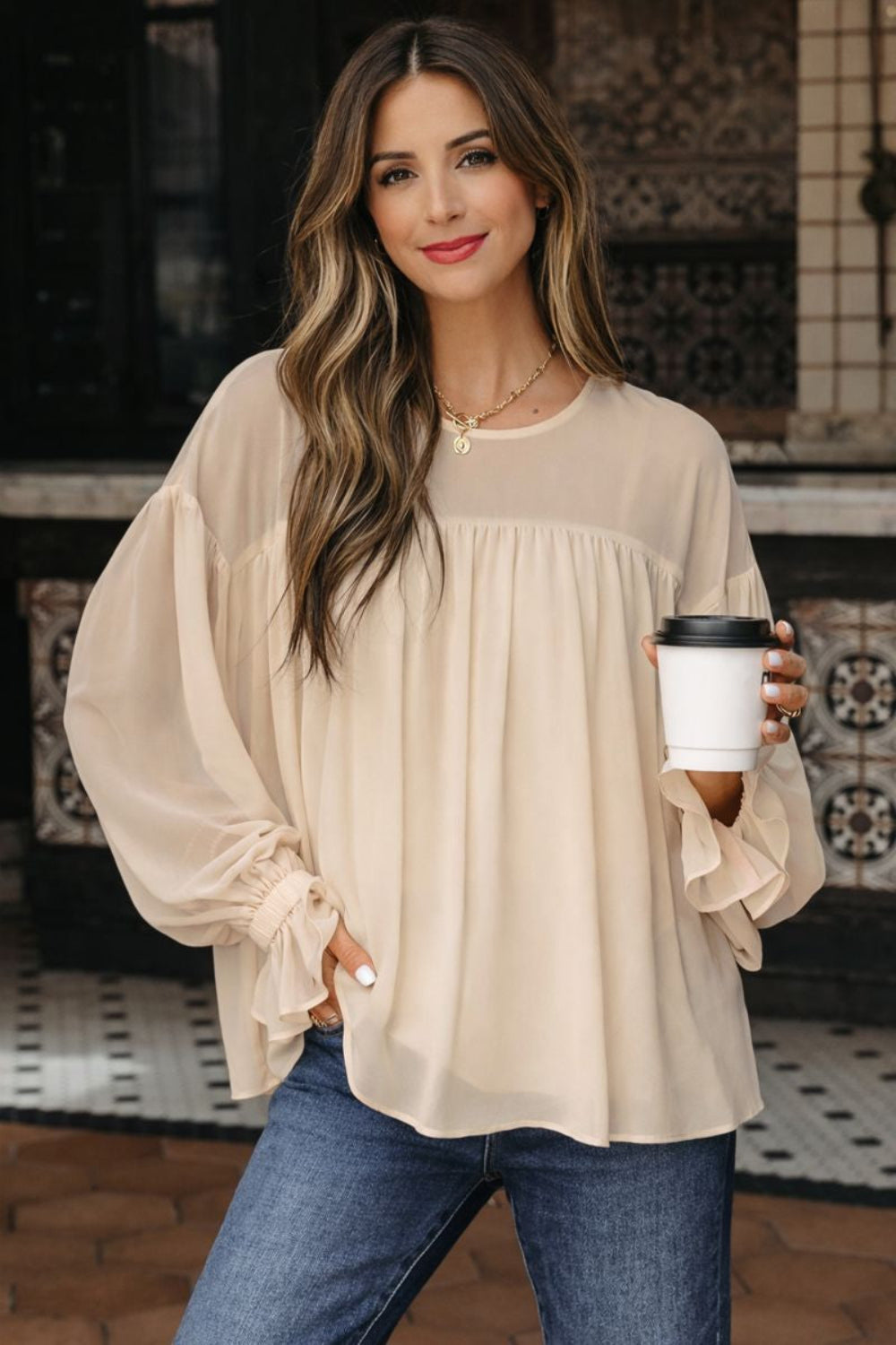 blouse, round neck, drop shoulder, long sleeve, ruffled, sheer arms and shoulders, lined, keyhole closure, oversized, no stretch, front view