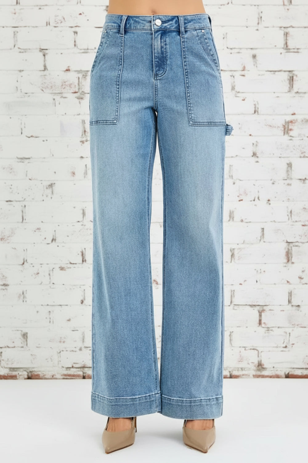 Risen Jeans, full-size, high-rise, straight let, light wash, front patch pockets, back pockets, long hem, button/zipper closure, belt loops, hammer loops on side, slightly stretchy, front view
