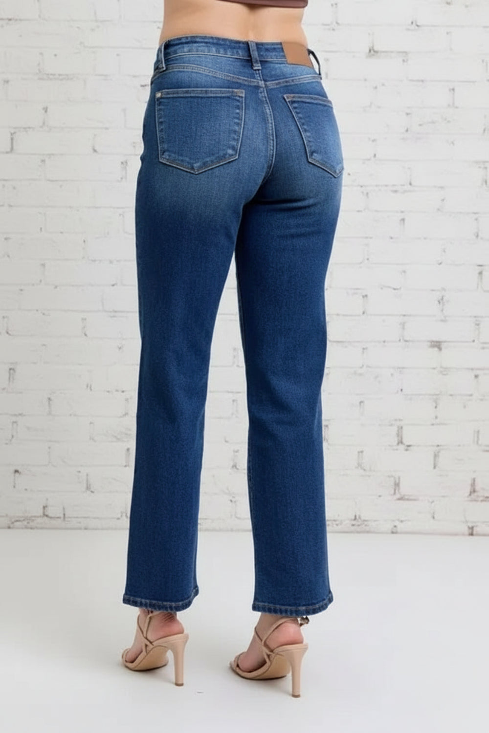 Judy Blue Jeans, full-size, side seam detail, straight let, medium vintage wash, pocketed, belt loops, button/zipper closure, stretchy, back view